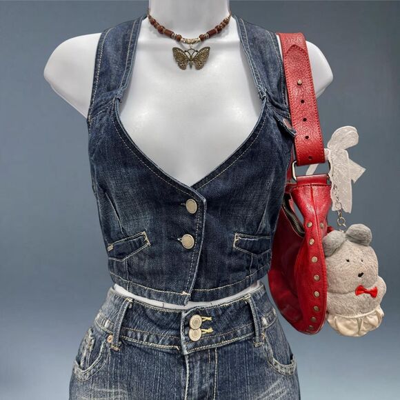 Heritage 1981 Y2K Grunge Denim Vest Dark Wash Cropped Button Front Women's Small - Picture 1 of 8
